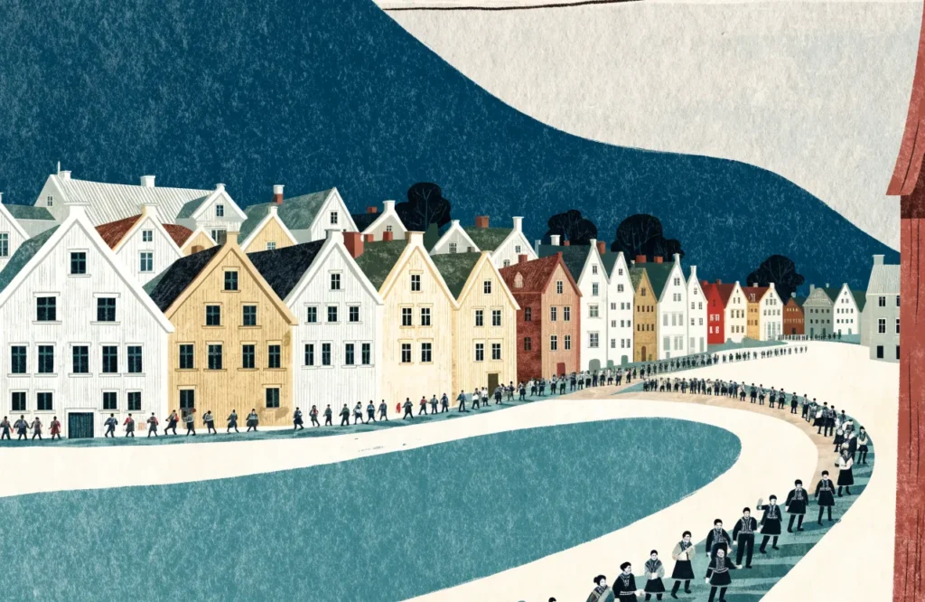 Illustrasjon: Festlig 17. mai-feiring i Briggens gater i Bergen