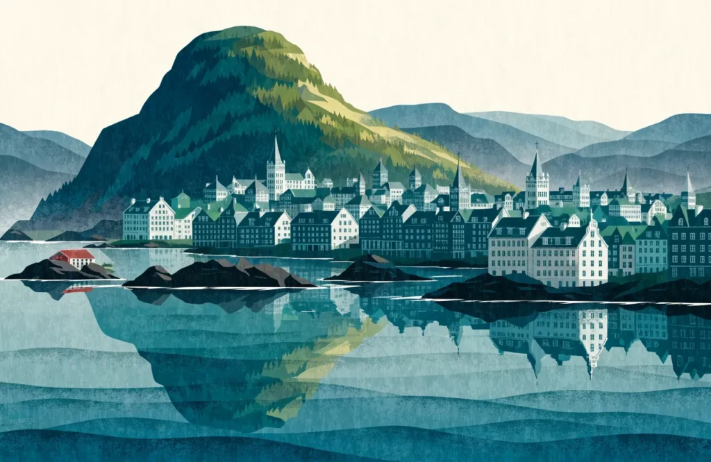 Illustrasjon: Ålesunds jugendarkitektur med tårn og spisser mot havet og fjellene.