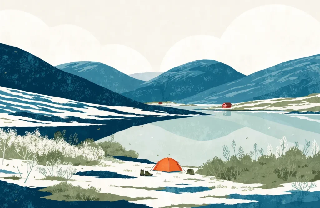 Illustrasjon: Lite telt ved et fjellvatn i utmark, omgitt av lav fjellvegetasjon.