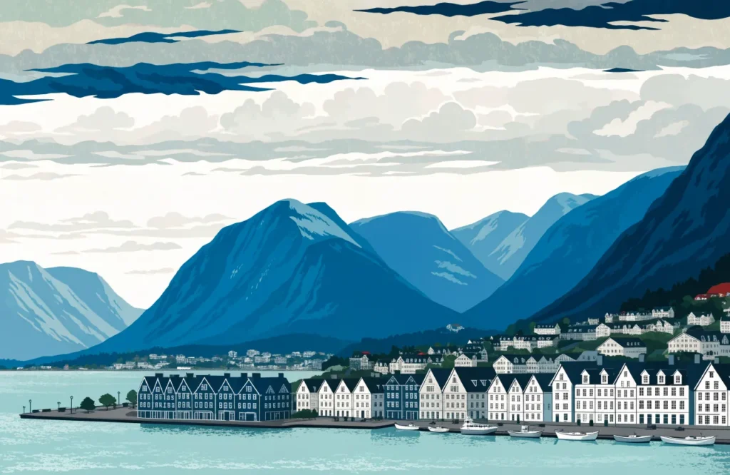 Illustrasjon: Bergen sentrum med bryggen, havneliv og de syv fjell rundt byen.