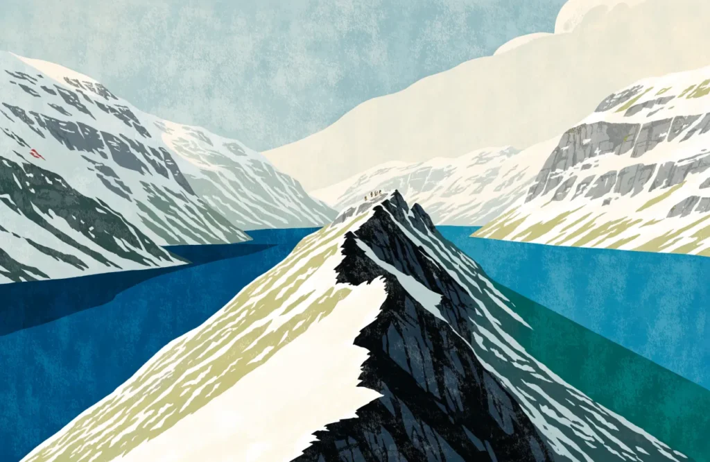 Illustrasjon: Vandrere på Besseggen-ryggen mellom det grønne Gjende og blå Bessvatnet.