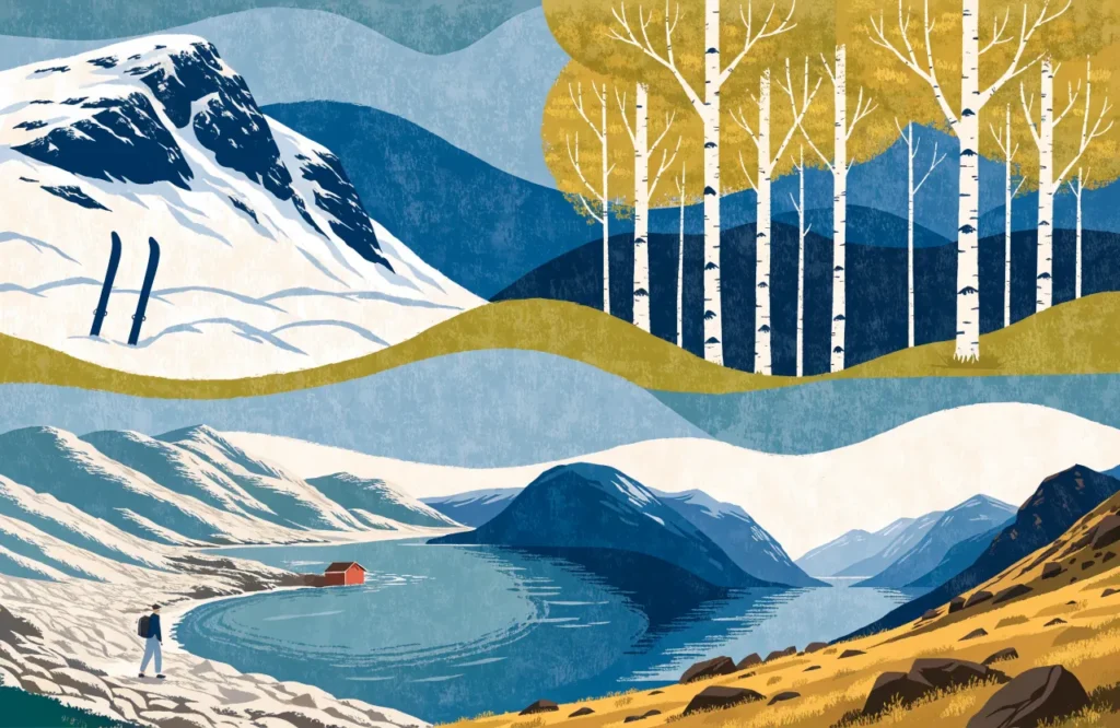 Illustrasjon: Årets fire sesonger i norsk natur, fra vintersnø til høstfarger.