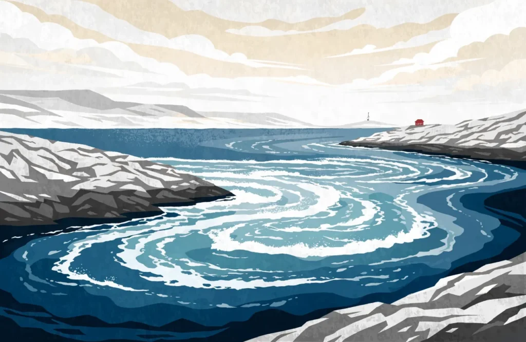 Illustrasjon: Malstrømmen i Saltstraumen med hvirvler mellom fjellkysten.