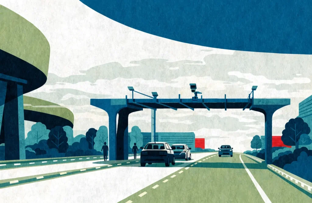 Illustrasjon: Biler som passerer en bomstasjon på en norsk motorvei.