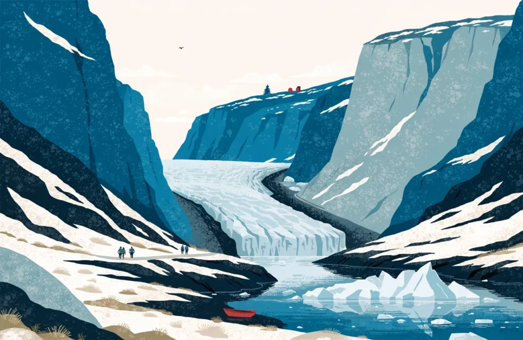 Illustrasjon: Briksdalsbreen ned mot Briksdalsvatnet med turfolk.