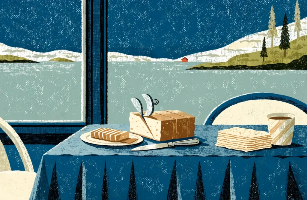Illustrasjon: Brunost som skjæres i tynne skiver med ostehøvel på et trebord.