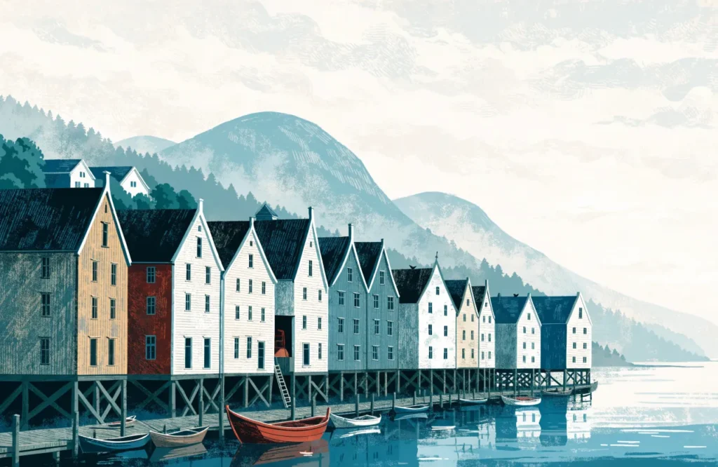 Illustrasjon: Bryggens smale trehus i farger på stylter langs havnen i Bergen.