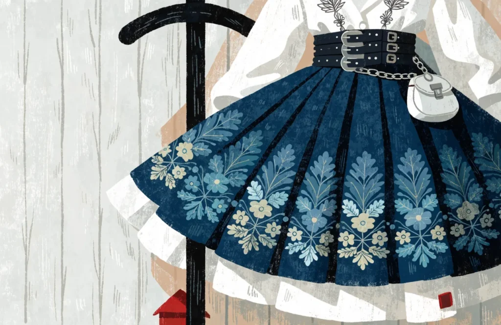 Illustrasjon: Bunad med brodert stoff og sølvsmykker vist uten ansikt.