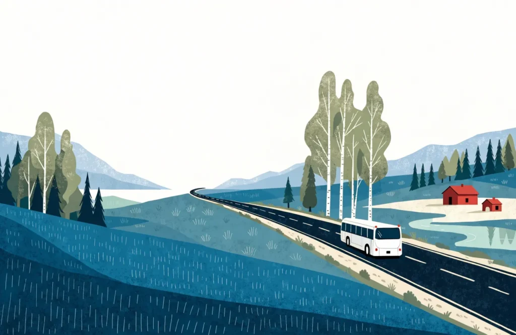Illustrasjon: Buss på skogkledd motorvei mellom Kristiansand og Oslo i morgelys