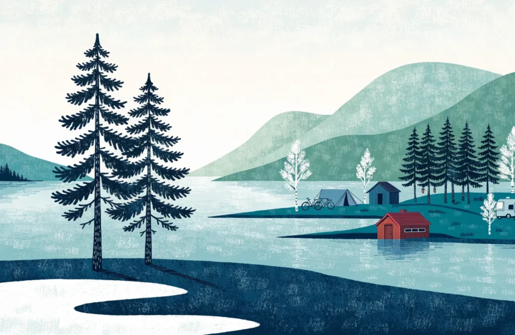 Illustrasjon: Campinghytte og bobil ved en bilsjø med fjell i bakgrunnen.