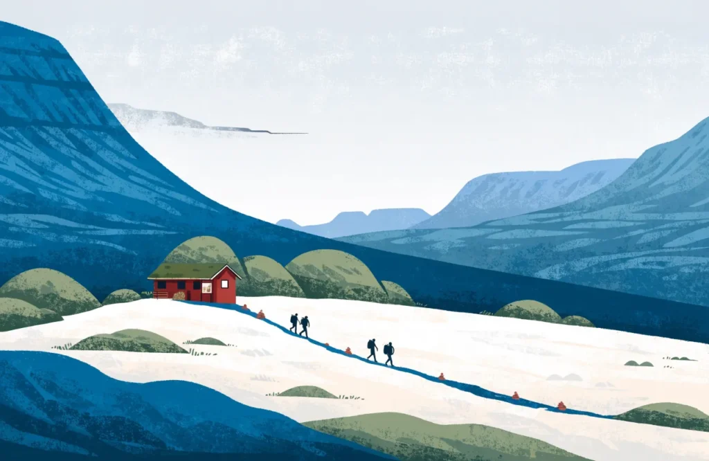 Illustrasjon: Rød turistforeningshytt med torvtak og vedstabel på fjellet.