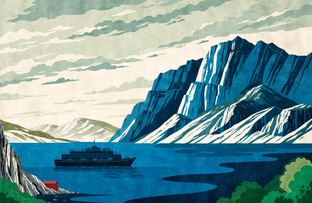Illustrasjon: Ferje mot Moskenes med Lofotveggen fjellrekkje i horisonten
