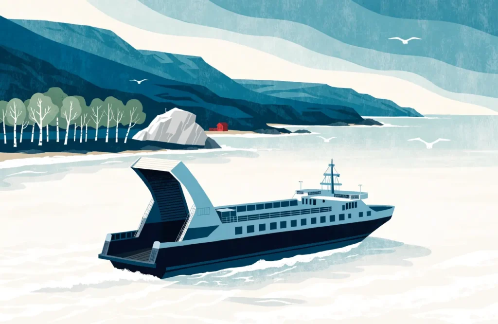 Illustrasjon: Stor bilferge som forlater havn i gylden solnedgang