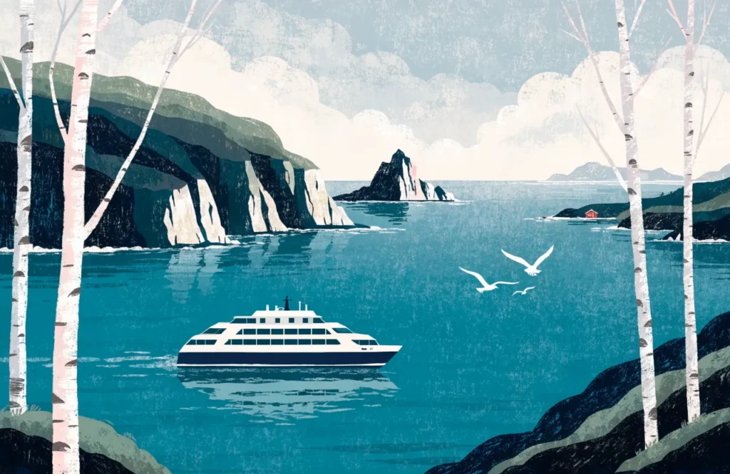 Illustrasjon: Bilferje på sommerhavet mellom Norge og Sverige