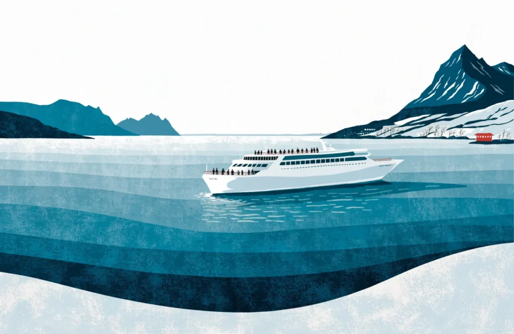 Illustrasjon: Stor ferje som krysser åpent hav mot en fjerntliggende kyst.