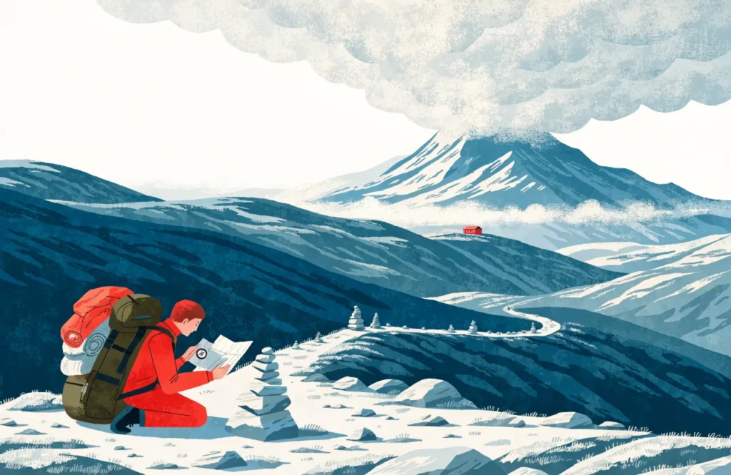 Illustrasjon: Fjellvandrer med kart, kompass og full utstyr på vindfullt fjellvidde.