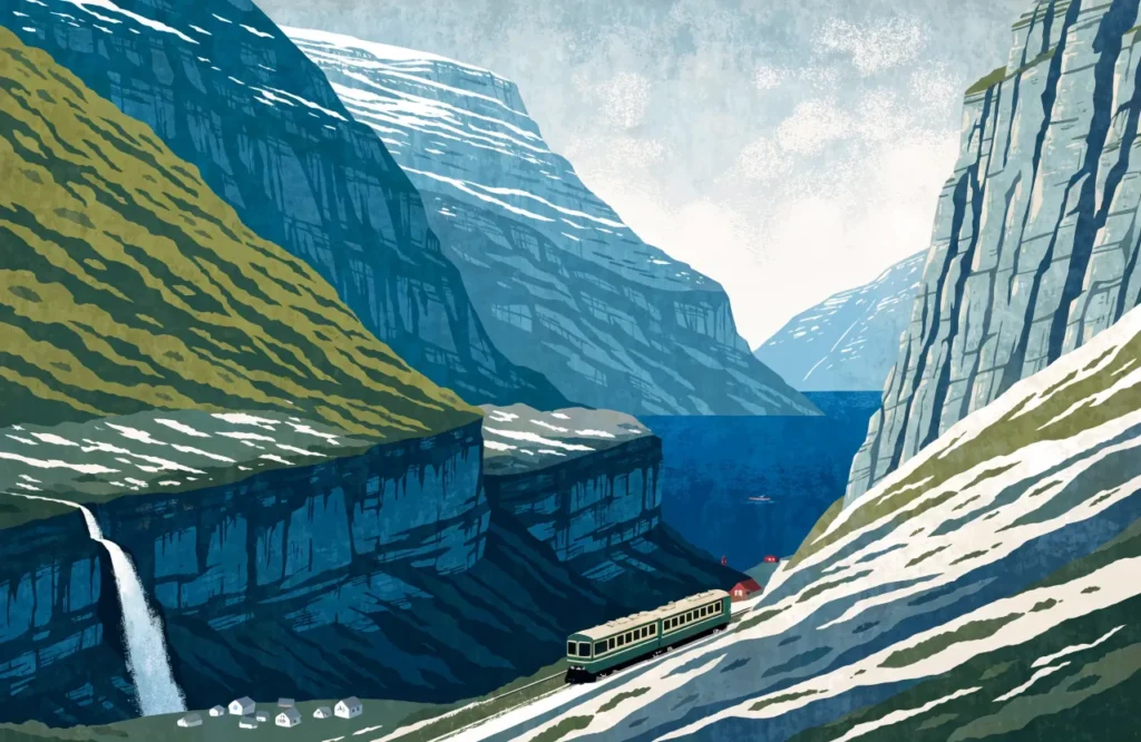 Illustrasjon: Fjellbanetog som snor seg ned Flamsdalen med foss og dyp kløft.
