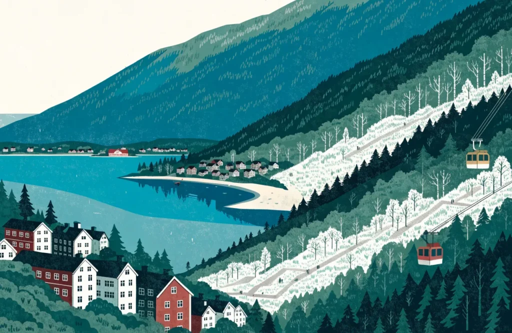 Illustrasjon: Utsikt over Bergen fra Fløyen med banen og turstier.