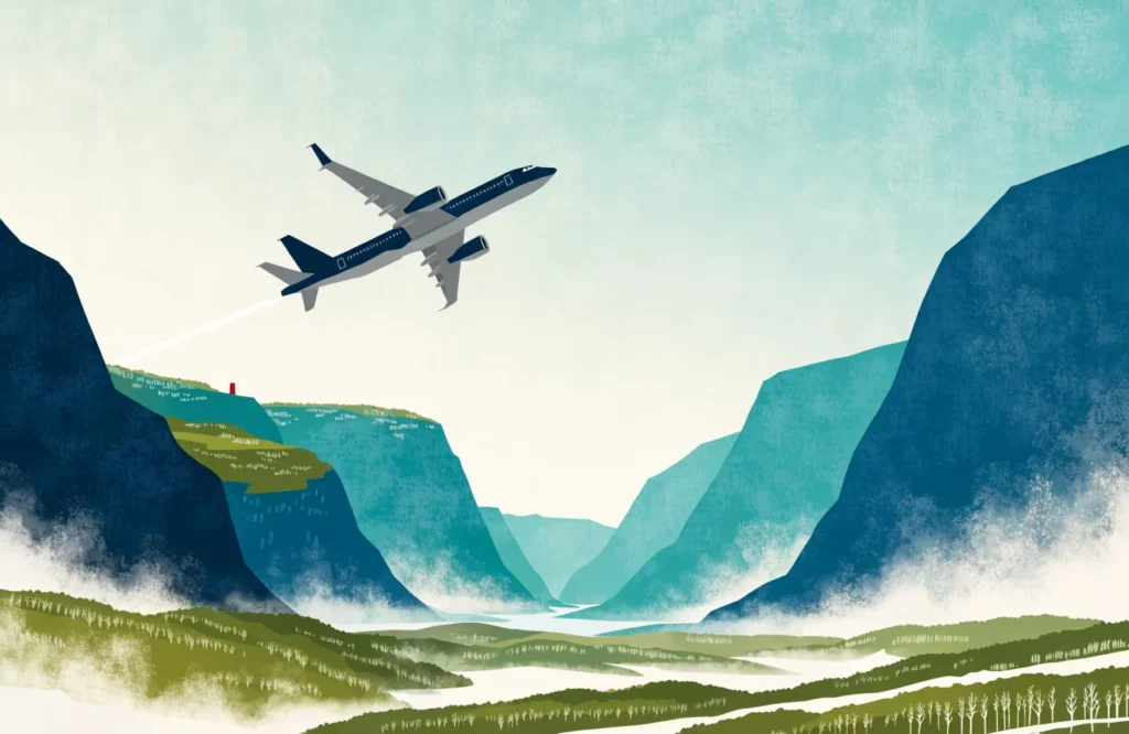 Illustrasjon: Fly stiger over fjord og fjell på Vestlandet