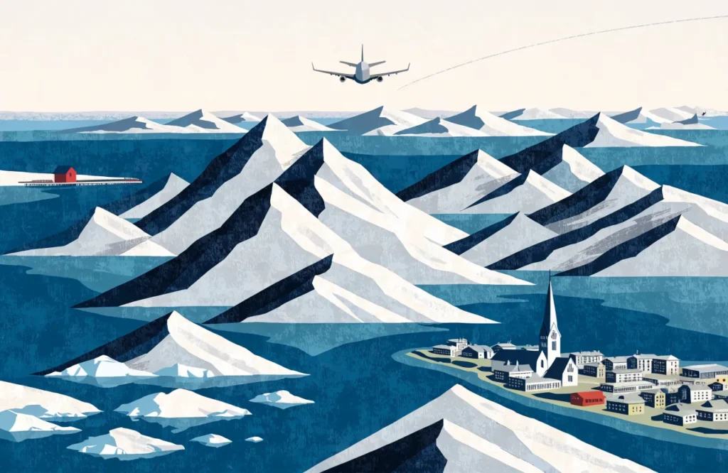 Illustrasjon: Fly over Tromsø og arktisk landskap.