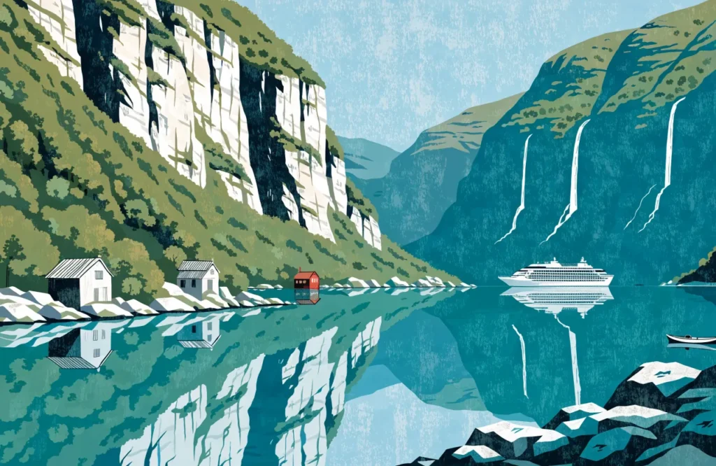Illustrasjon: Geirangerfjorden med cruiseskip, Syv søstre-fossen og fjellgårder