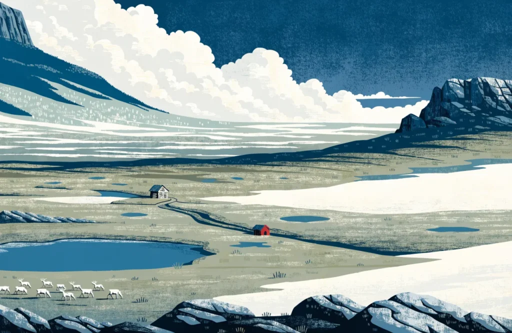 Illustrasjon: Villreinsflokk på Hardangervidda med turisthytte.
