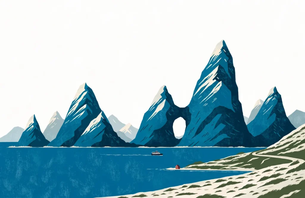Illustrasjon: Kystlandskap med fjell langs Helgelandskysten.