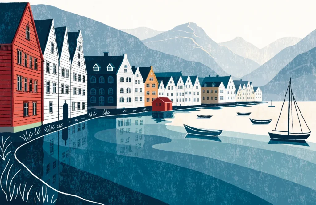 Illustrasjon: Bryggen i Bergen med fargerike trehus, havn og fjell i dis