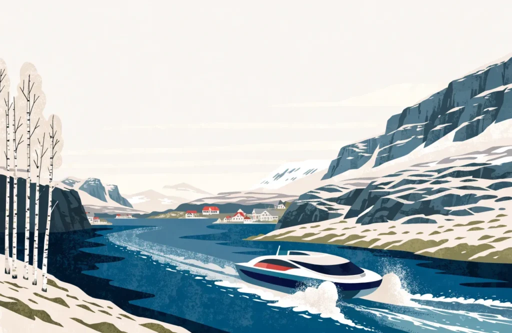 Illustrasjon: Hurtigbåt i fart gjennom fjordlandskap i Nord-Norge