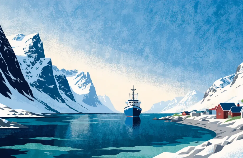Illustrasjon: Kystruteskip i fjordlandskap i Nord-Norge.