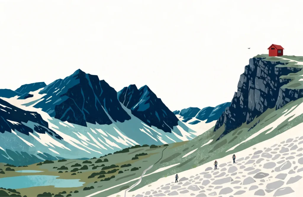 Illustrasjon: Fjellandskap i Jotunheimen med turgåere og hytte.