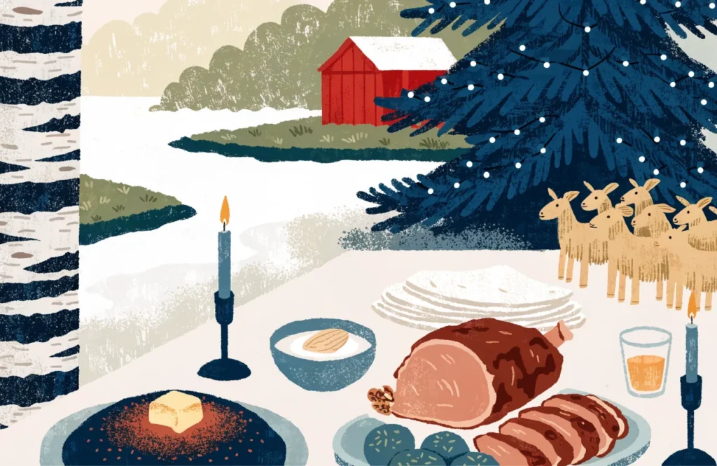 Illustrasjon: Norsk julebord med grøt og tradisjonell julemat.