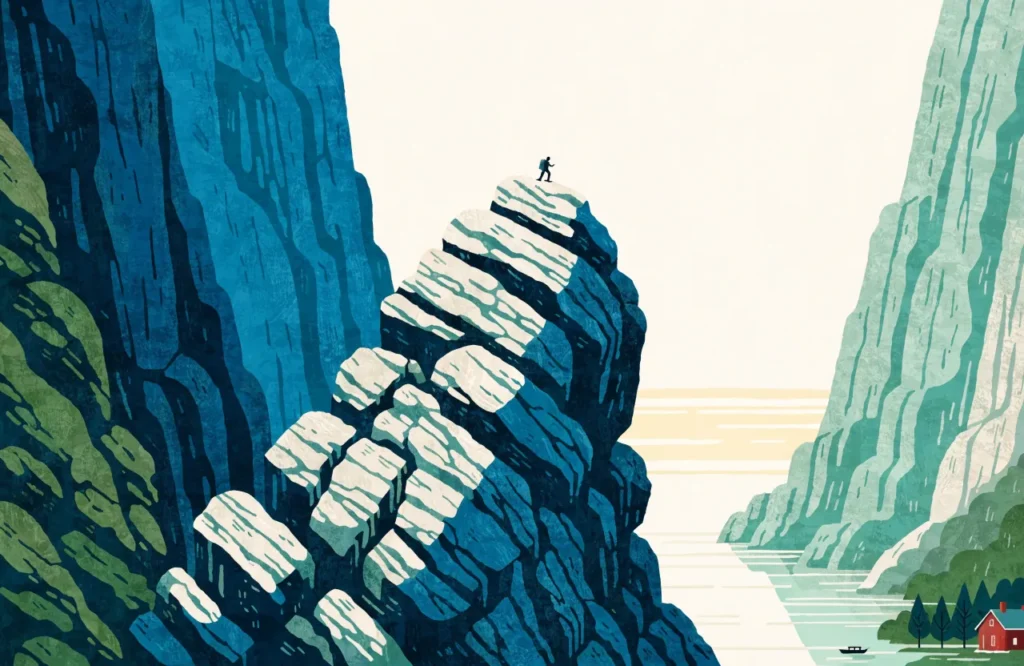Illustrasjon: Kjeragbolten klemt mellom fjellvegger over Lysefjorden.