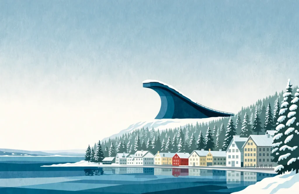Illustrasjon: Lillehammer med hoppbakke og vinterlandskap.
