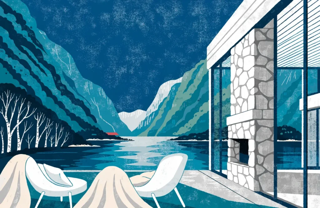 Illustrasjon: Luksuriøs hotellterrasse ved fjord med fjell og kveldssol