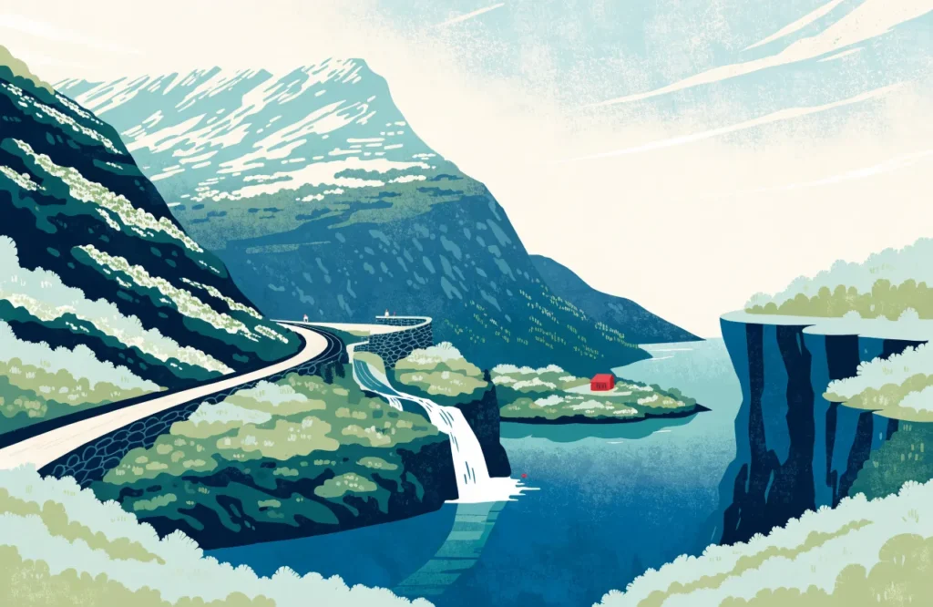 Illustrasjon: Nasjonal turistvei med utsiktspunkt over fjord.