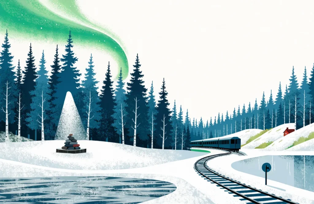 Illustrasjon: Nordlandsbanen gjennom vinterlandskap med nordlys.