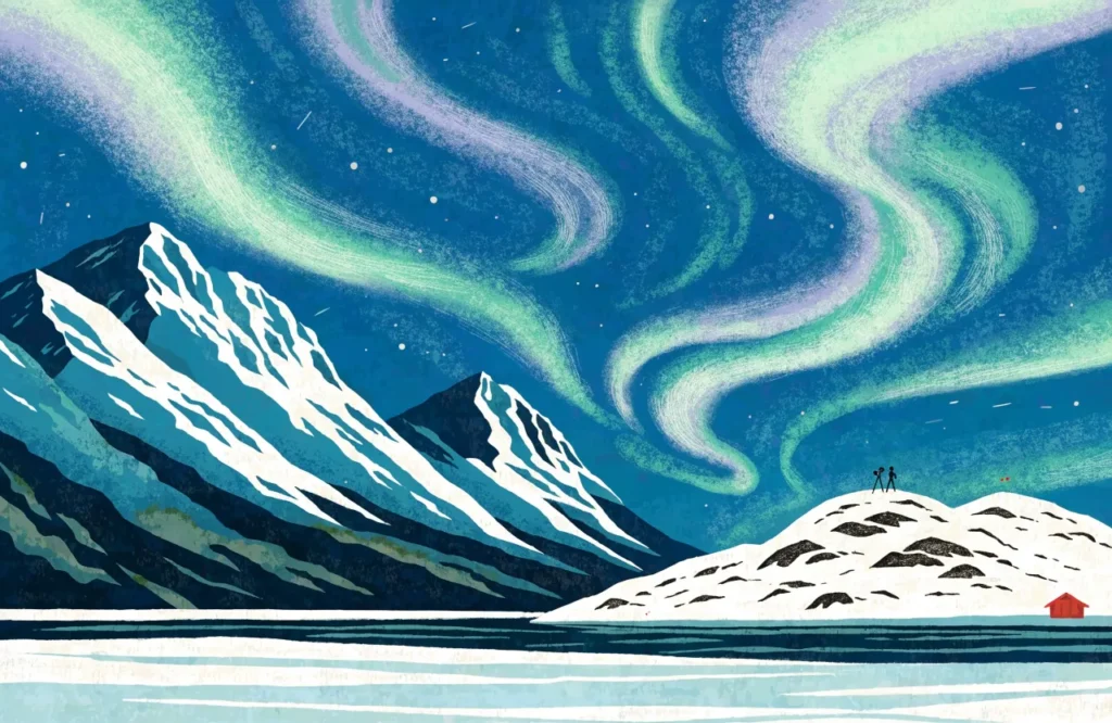Illustrasjon: Nordlys i grønne og fiolette farger over snødekte fjell og en islagt fjord, med en liten fotograf på en høyde.