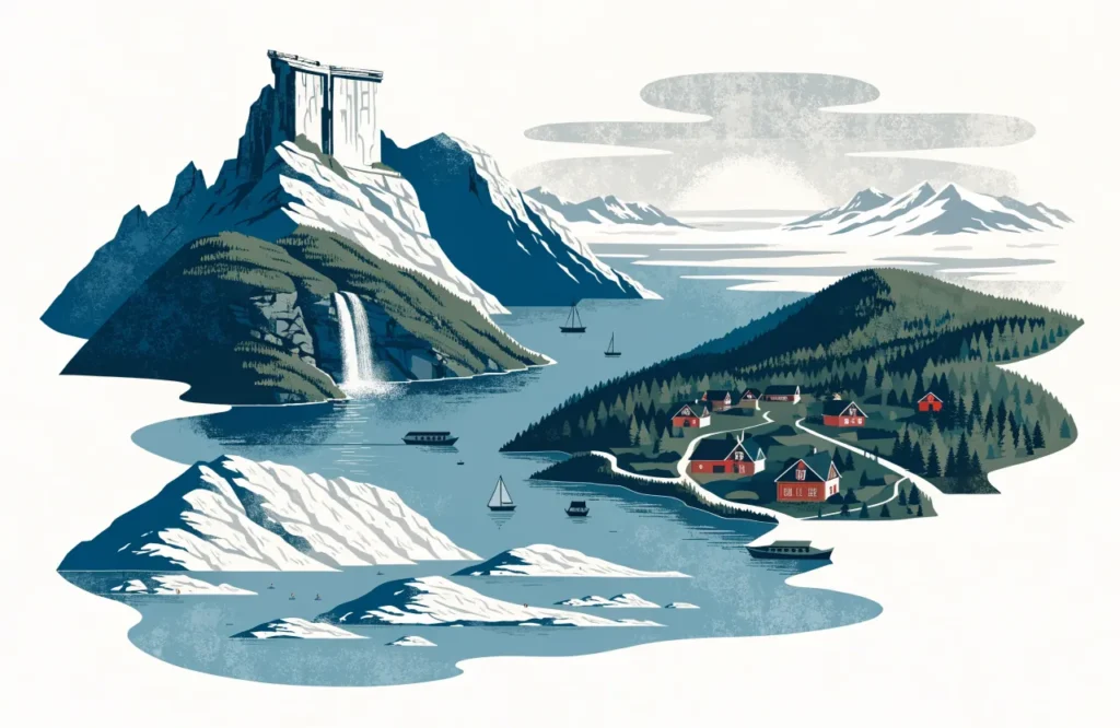 Illustrasjon: Fjordlandslag med foss, fjellplattform og trehus som feirer Norges reisemål