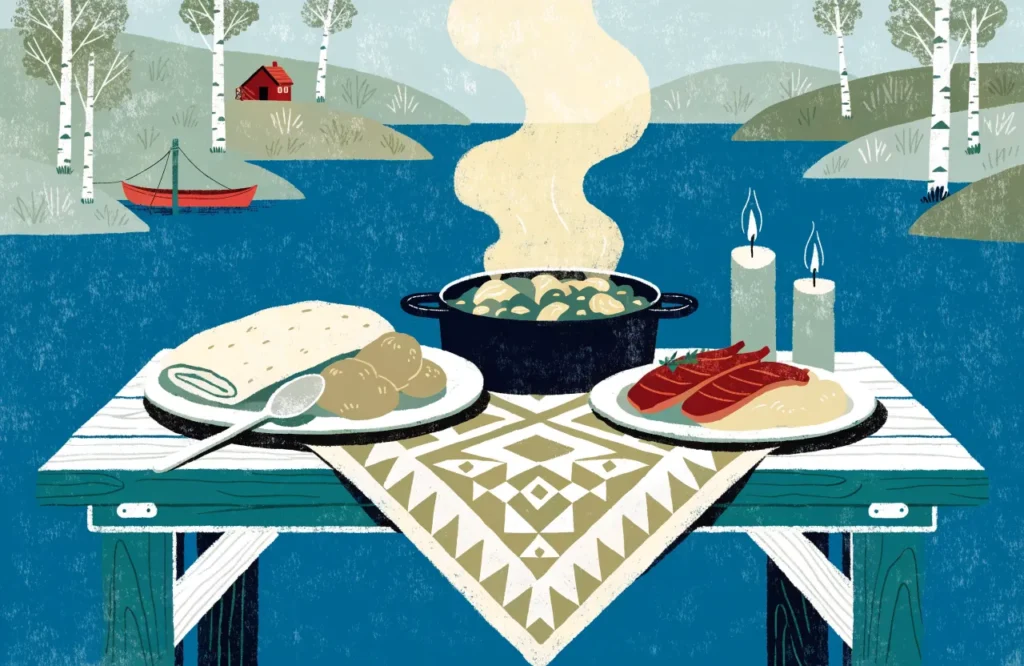 Illustrasjon: Tradisjonell norsk mat på et trebord: fårikål, pinnekjøtt, lefse og raspeballer.