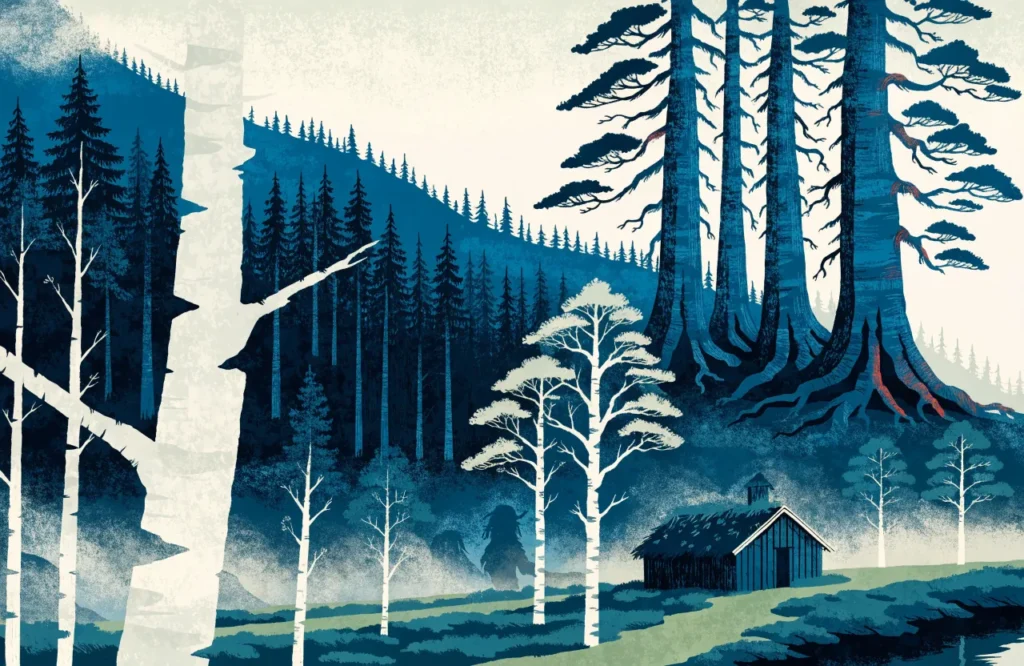 Illustrasjon: Mørk granskog med trollaktige skgformer og en liten torvtakhytte i måneskinn.