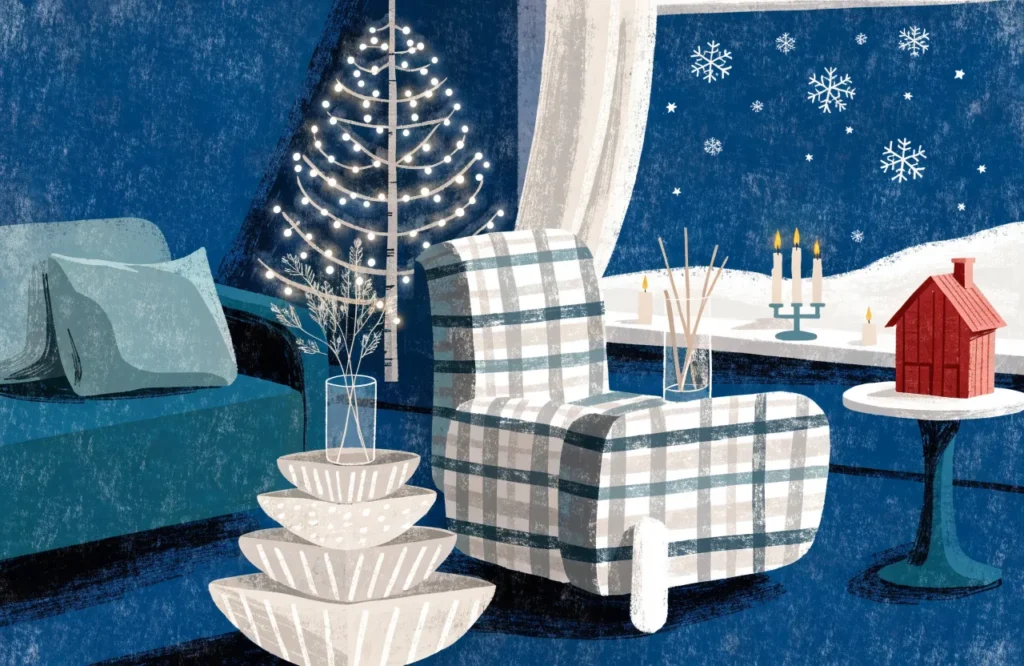 Illustrasjon: Koselig stue med juletre, lys og snø utenfor vinduet.