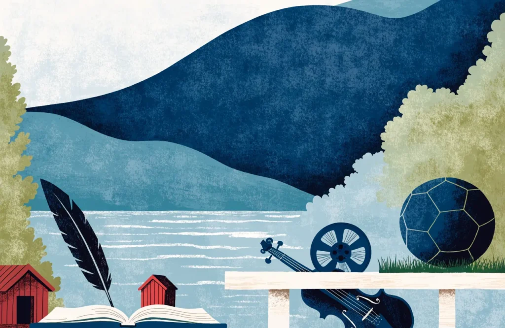 Illustrasjon: Symbolske gjenstander for norsk kultur og kjente personligheter