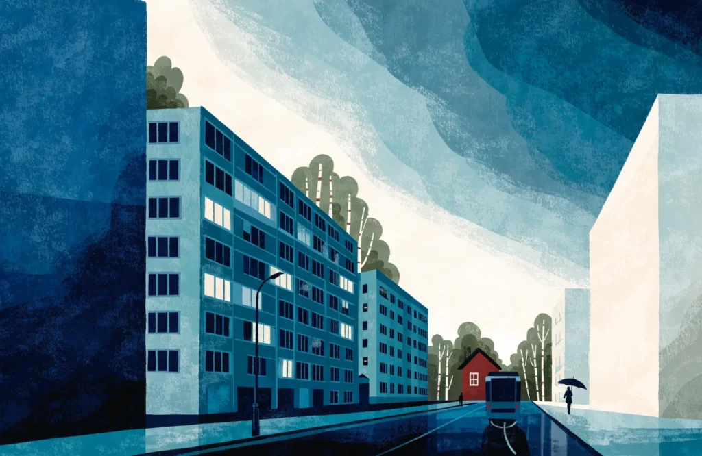 Illustrasjon: Bygate i skumring med blokk, sporvogn og reflekterende asfalt.