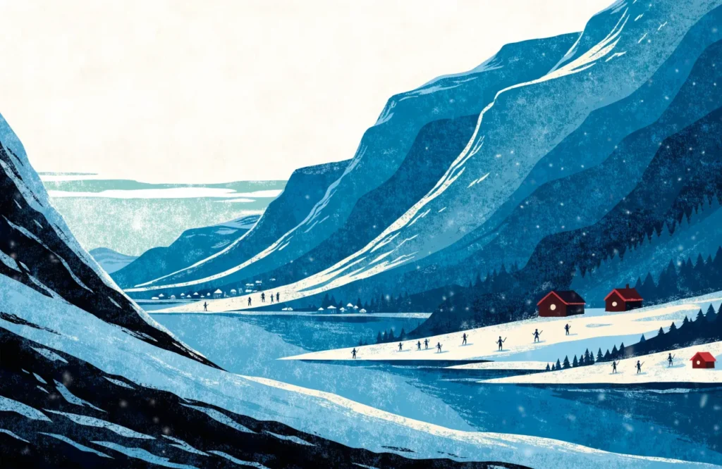 Illustrasjon: Snødekt fjelldal med hytter og små blå nissefigurer i skumringen.