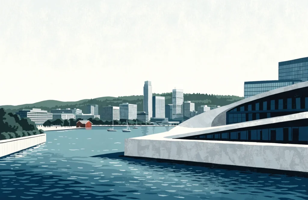 Illustrasjon: Oslo med operaens hvite tak, fjordpromenade, seilbåter og glassbygninger