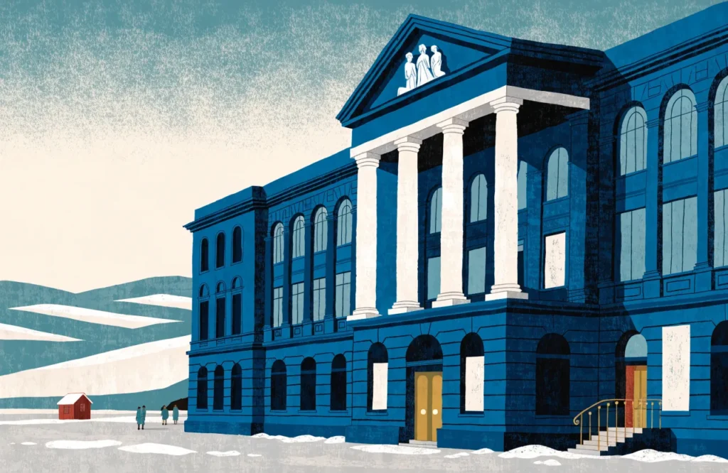 Illustrasjon: Teaterbygning i Oslo med opplyst fasade, snø og folk i vindjakke på fortauet
