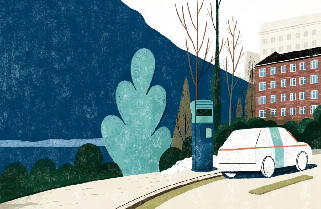 Illustrasjon: Parkeringsplass i Oslo-gate med betalingsautomat og rekkehus