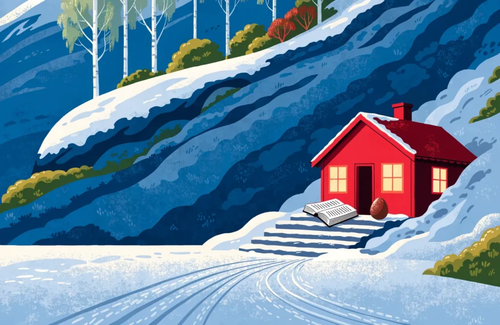 Illustrasjon: Påskefjell med rød hytte, skim spor, krimroman og påskeegg i måneskinn.