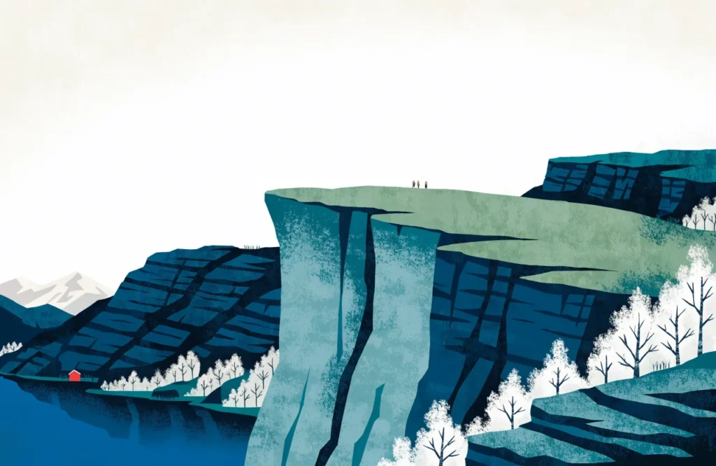 Illustrasjon: Preikestolen med flat fjellplattform over Lysefjord og små turgåere
